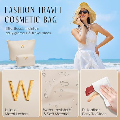Women Gifts | Initial Makeup Bag Set for Girl Personalized Gifts for Bridesmaid Friend Graduation Teachers PU Leather Cosmetic Travel Toiletry Bag(Beige,W)
