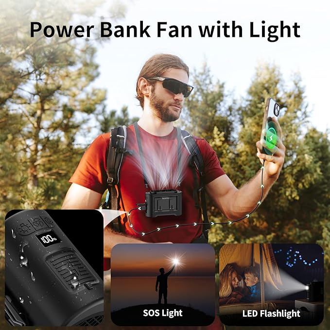 Socool 14500mAh Portable Waist Fan Clip on Wearable Belt Rechargeable Personal Fan, Dual Air Outlet, 40H Cooling 5-Speed Battery Operated Fans with Light, Neck Fan Hanging for Outdoor Camping Travel