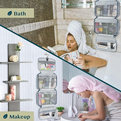 PAVILIA Hanging Toiletry Bag Travel Bag Women Men, Foldable Cosmetic Organizer, Roll up Makeup Bag, Water Resistant Accessories Toiletries, Large Travel Essentials Kit (Navy Stripe)