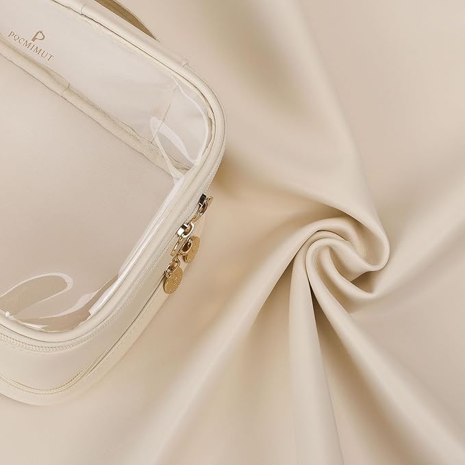 Pocmimut Clear Makeup Bag,Double Layer Large Cosmetic Bag with Makeup Brush Bag,TSA Approved Toiletry Bag Makeup Case Car Accessories Travel Essentials Organizers for Women,Begie