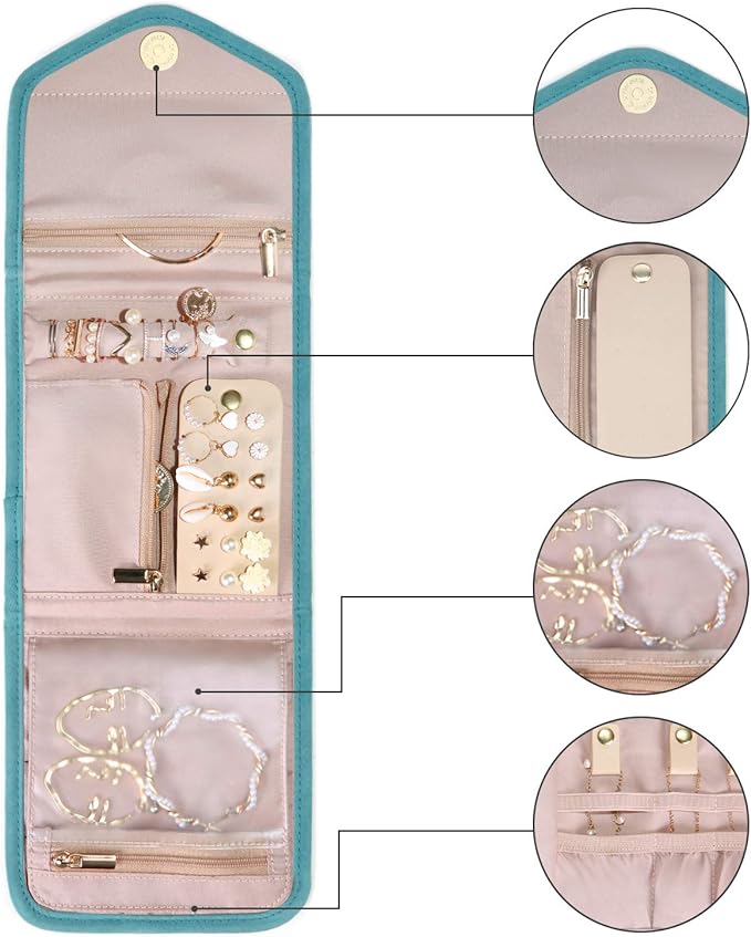 BAGSMART Travel Jewelry Organizer Case Foldable Jewelry Roll for Journey Rings, Necklaces, Earrings, Bracelets,Mini,Teal