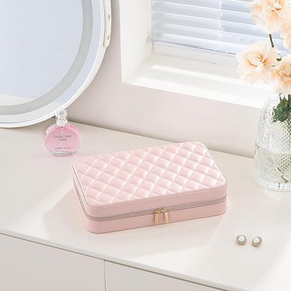 Lolalet Travel Jewelry Case for Women Girls, Travel Jewelry Organizer Box with Mirror & Clear Storage Bag, Small Portable Earring Necklace Bracelet Ring Case, Birthday Christmas Gifts -Large, Pink