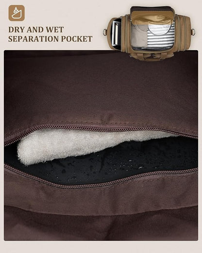 Gonex Canvas Duffle Bag for Travel, Expandable Water Resistant 50L Carry on Duffel Overnight Weekender Gym Bag with Wet Dry Separation Pocket & Suitcase Handle Sleeve,Coffee