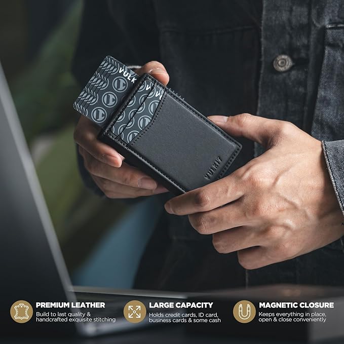 VULKIT Men's Wallet with ID Window Premium Leather Wallets RFID Blocking Minimalist Wallet Pop Up Card Holder Magnetic Closure