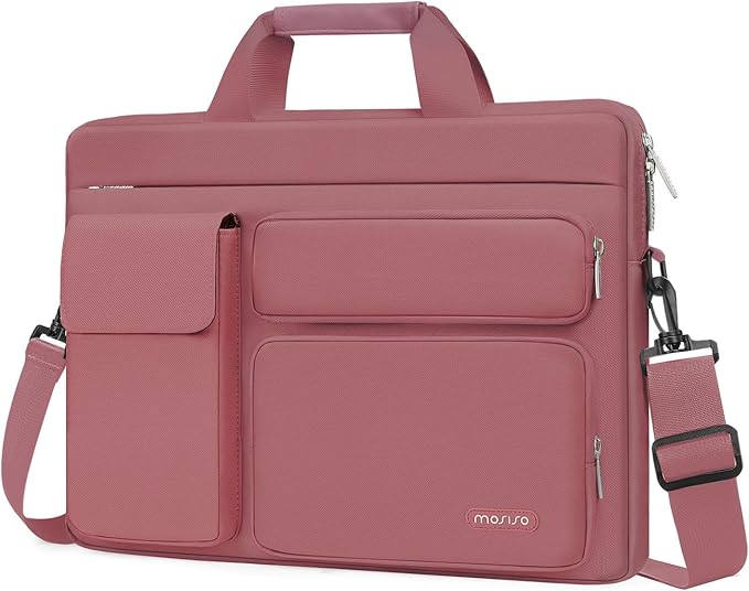 MOSISO Laptop Shoulder Bag 15.6 inch, 15-15.6 inch Computer Bag Compatible with MacBook Pro 16 inch, HP, Dell, Lenovo, Notebook with 2 Raised&1 Flapover&1 Horizontal Pocket&Handle&Belt, Dusty Rose