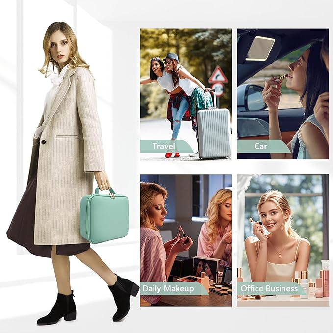 Travel Makeup Bag,with Mirror 3 Color Setting and Detachable 10x Magnifying Mirror Travel Makeup Bag,Portable Storage and Adjustable Dividers （light green）