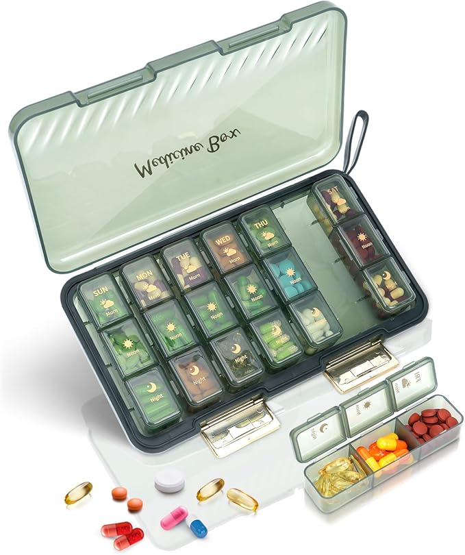 Weekly Pill Organizer 3x a Day - 7 Day Pill Box with 21 Compartments (Morning/Noon/Night), BPA-Free Daily Pill Case, Portable Medicine Organizer for Vitamins, Supplements & Medication【Upgrade】 (Green)
