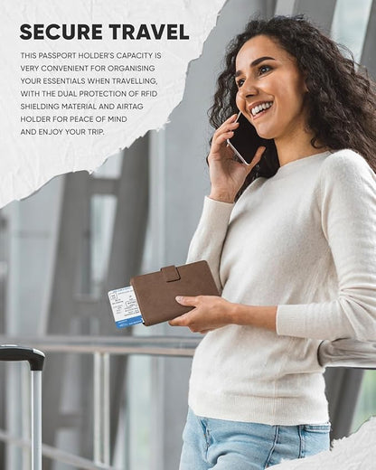 VULKIT Passport Holder with Airtag Holder RFID Blocking Passport Wallet Travel Leather Passport for Women(Espresso)