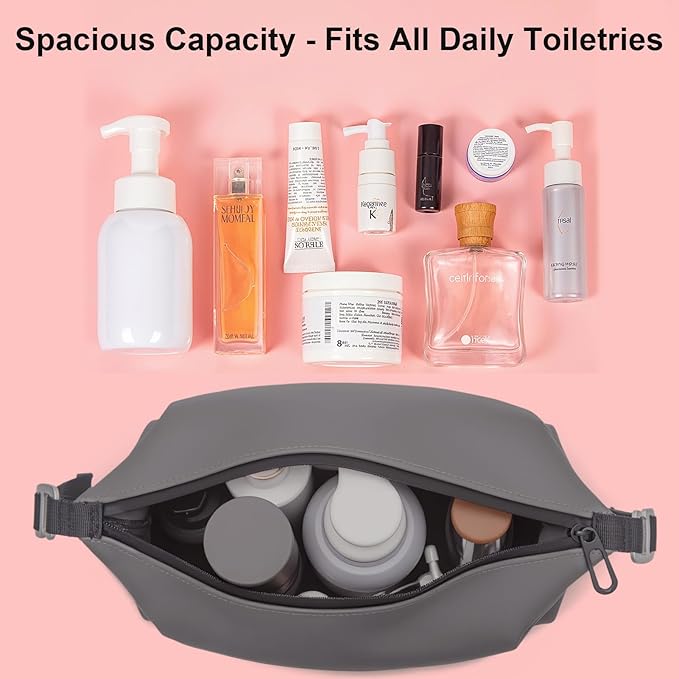 Vomgomfom 6L 13 Inch Silicone Toiletry Bag, Waterproof Leakproof Travel Cosmetic Organizer, Adjustable G-Buckle Compression Dopp Kit, Foldable Makeup Bag for Women & Men (Grey, 6.5”3L)