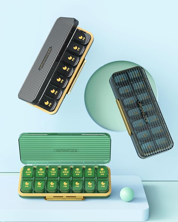 Pill Organizer 2 Times A Day, 7 Day Am Pm Pill Box - Acedada Weekly Pill Organizer with Separate Container, Portable Daily Medicine Planner Dispenser Case for Vitamin, Fish Oils, Supplements, Green
