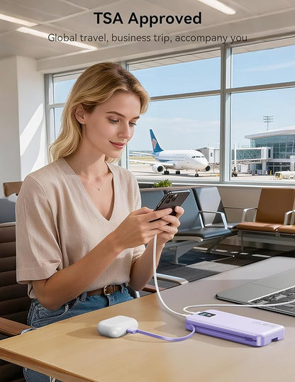 Portable Charger, 12000mAh 22.5W Fast Charging Power Bank with Built-in Cables & Wall Plug, Travel Essentials Battery Pack with LED Display, USB C External Battery Bank for iPhone iPad, Samsung Purple