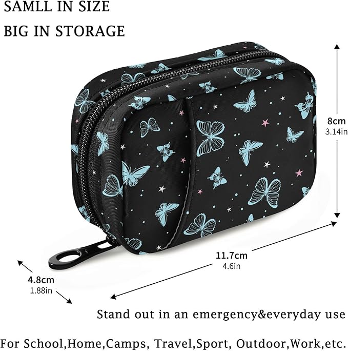 Fustylead Beautiful Butterflies Travel Pill Organizer Bag with Zipper Small Pill Box 7 Day Pill Case for Purse Storage Weekly Vitamin Medicine Supplement