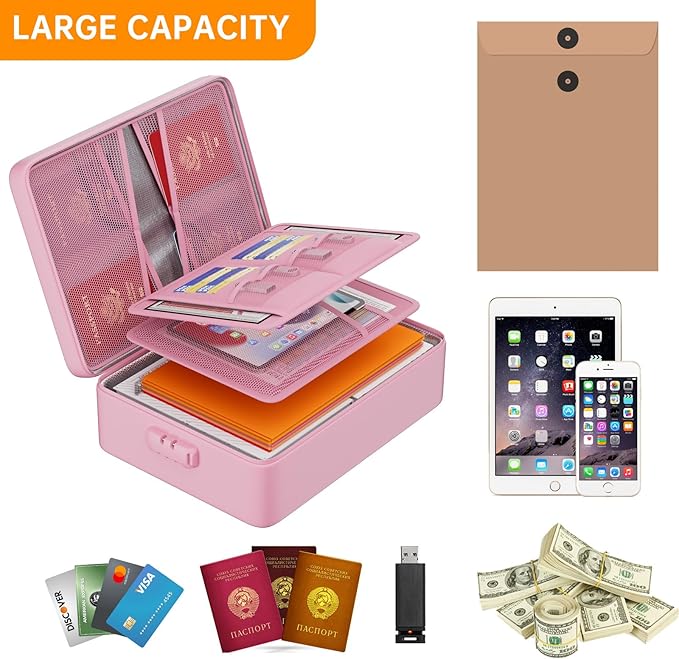 DocSafe 5200°F Document Organizer with Lock,Upgraded Heat Insulated Fireproof＆Waterproof Box 8 Layers File Organizer,Portable Home Travel Safe Storage for Important Documents, Files,Pink (Soft)