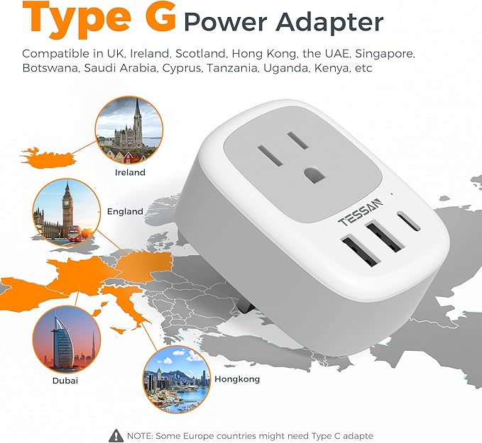 2 Pack UK Adapters for Travel, TESSAN Ireland Plug Adapter with 3 USB Ports (1 USB C), Type G Power Outlet for US to UK Scotland England Dubai Hong Kong London British Kenya Irish Qatar