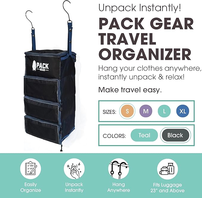 Pack Gear Hanging Carry-On Organizer - Our Standard Hanging Luggage Organizer Fits Any Carry On - Our Packing Cubes For Travel Use Mesh Windows to Make Finding Clothes Easy (Black, S)