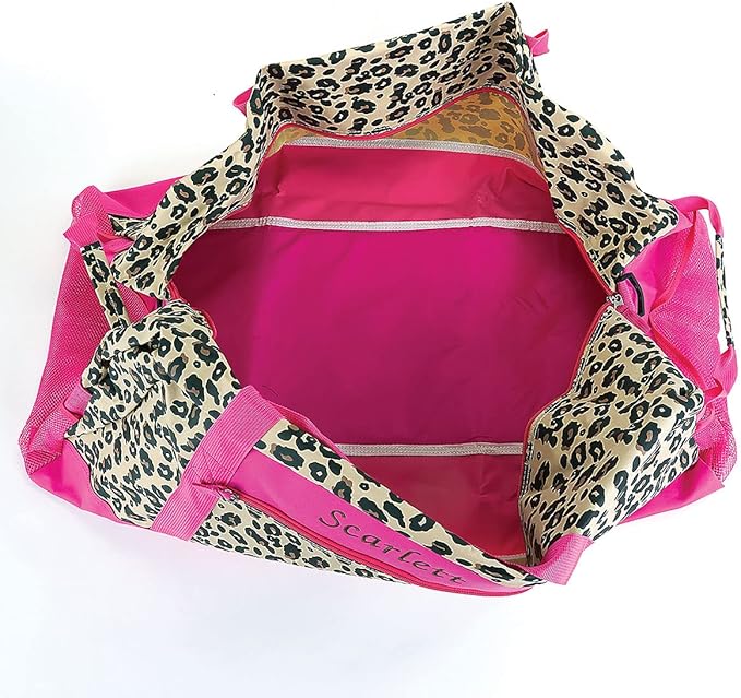 Lillian Vernon Personalized Duffel Bag for Kids, Roomy Pink Leopard Weekender With Front & Side Compartment, Customizable Girls Sports & Travel Bags With Custom Name, 13" x 15" x 30"W