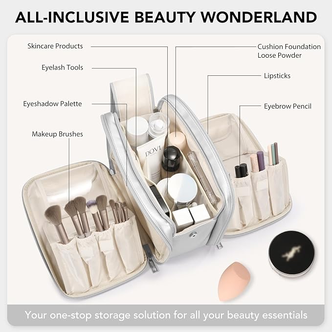 Travel Makeup Bag Women's Large Capacity Cosmetic Portable Organizer Large Opening Waterproof Storage Toiletry Bags Vertical Free-Standing Brush Holder for Easy Access Silver