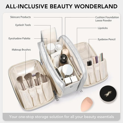 Travel Makeup Bag Women's Large Capacity Cosmetic Portable Organizer Large Opening Waterproof Storage Toiletry Bags Vertical Free-Standing Brush Holder for Easy Access Silver