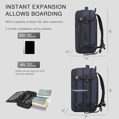 Vacuum Seal Travel Backpack 45L - Expandable Air Compression System, Water-Resistant, Carry-On Suitcase Luggage with TSA Lock Fits 18" Laptop - Vacuum Pump Included (Blue)