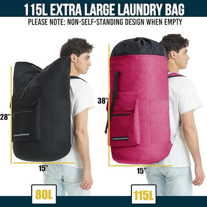 Laundry Bag Extra Large 115L，Laundry Backpack with Shoulder Straps，Sturdy Travel Laundry Bags with 4 Pockets，Laundry Backpack Heavy Duty，Clothes Hamper Bag XXL，College Dorm Essentials