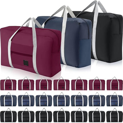Sweetude 24 Pcs Travel Duffel Bags Bulk Foldable Luggage Bag Women Men Waterproof Carry Tote with Trolley Sleeve for Gym, Overnight, Airlines(Navy Blue, Wine Red, Black)