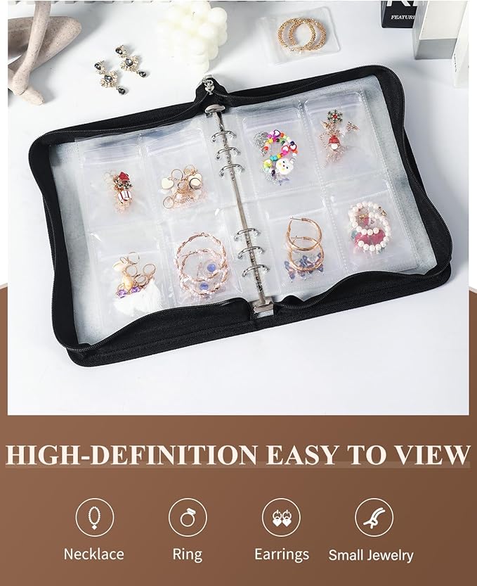 AOLEIXIYA Jewelry Organizer Book Clear Travel earring book organizer Transparent Jewelry Book with Zipper Pouch Bags (Black,With 80 PCS Small Jewelry Bags)