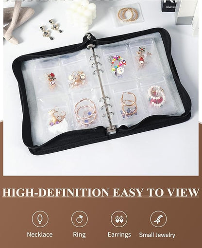AOLEIXIYA Jewelry Organizer Book Clear Travel earring book organizer Transparent Jewelry Book with Zipper Pouch Bags (Black,With 80 PCS Small Jewelry Bags)