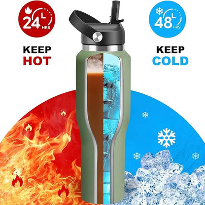 HYDROWION Water Bottle Stainless Steel,Vacuum Insulated Leak Proof Tumbler 32oz with Straw Lid, Spout Lid and Flex Cap(Cold for 48 Hrs, Hot for 24 Hrs), Fit in Any Car Cup Holder, Moss