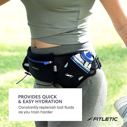 Fitletic Hydration Running Belt with Water Bottles for Men & Women – 2 Quick Flow 8oz Running Water Bottles, Patented Bounce Free Design, Water Resistant Pouch Fits All Phones – Hydra 16