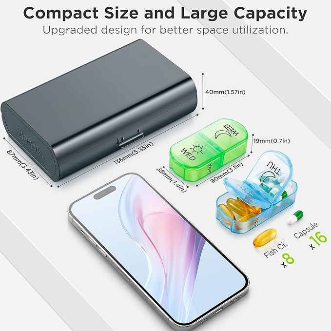 Zannaki Metal XL Weekly Pill Organizer 2 Times a Day, Large Travel Daily Pill Box 7 Day, Portable Week Twice Pill Holder Container, AM PM Pill Case for Medicine Vitamin Medication Supplement, Grey