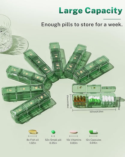 Weekly Pill Organizer 3x a Day - 7 Day Pill Box with 21 Compartments (Morning/Noon/Night), BPA-Free Daily Pill Case, Portable Medicine Organizer for Vitamins, Supplements & Medication【Upgrade】 (Green)