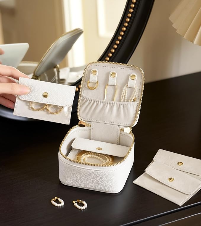 Popvibe Travel Jewelry Case Organizer Small Jewelry Box for Women with 6 Jewelry Mini Pouch, Portable Traveling Jewelry Holder Bag for Earring Necklace, White