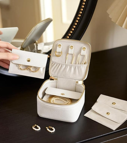 Popvibe Travel Jewelry Case Organizer Small Jewelry Box for Women with 6 Jewelry Mini Pouch, Portable Traveling Jewelry Holder Bag for Earring Necklace, White