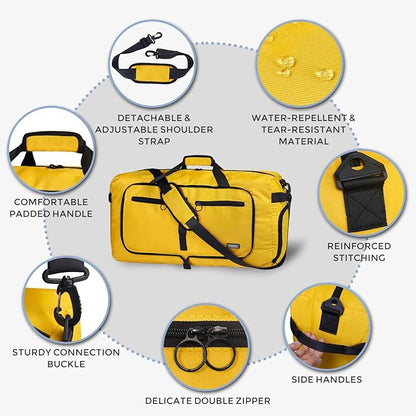 Fmeida 65L Duffle Bag with Shoes Compartment, Foldable Travel Duffel Bags for Men Women, Large Packable Travel Bag Water Repellent & Tear Resistant (Yellow)