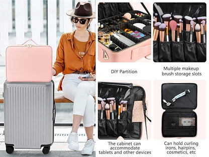 gzcz Large Capacity Travel Makeup Case Organizer,Professional Cosmetic Bags for Women,Waterproof PU Leather Makeup Bag with Adjustable Dividers and Shoulder Strap for Brushes and Jewelry