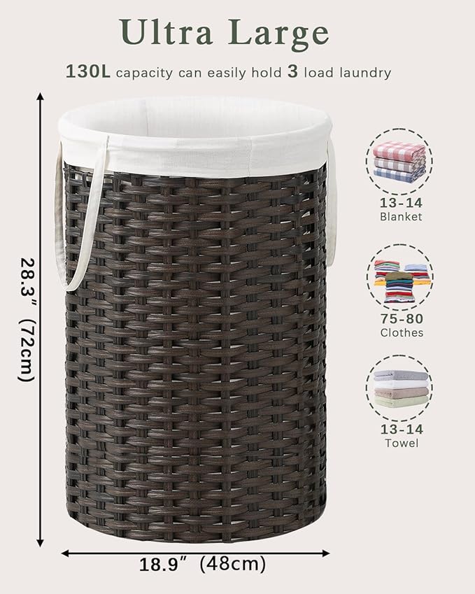 34.3 Gal (130 L) Large Laundry Hamper Laundry Basket Round Handwoven Wicker Laundry Baskets Rattan Laundry Basket with Removable Bag Handles 2 Mesh Bags for Living Room Bedroom Brown