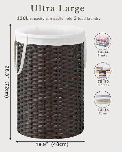 34.3 Gal (130 L) Large Laundry Hamper Laundry Basket Round Handwoven Wicker Laundry Baskets Rattan Laundry Basket with Removable Bag Handles 2 Mesh Bags for Living Room Bedroom Brown