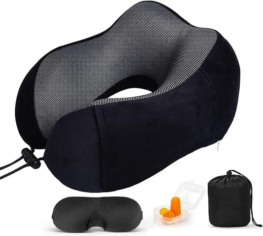 Airplane Travel Neck Pillow, 100% Memory Foam Ergonomic Neck Support, Airplanes Neck Pillow with Washable Cover Travel Essential for Flight & Office Include Eye Mask, Earplugs & Carry Bag (Black)