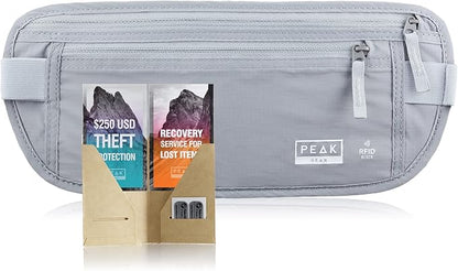 Peak Gear Travel Money Belt. Premium Quality Travel Wallet with RFID Blocking Fabric to Protect Credit Cards, Passports and Documents. Exclusive Theft Protection and 2 Recovery Tags | Gray