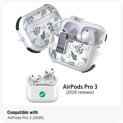 WENEW for AirPods Pro 3 Case (2025) Cover Secure Lock Automatic Snap Switch Clip Cleaner Kit Lanyard Women Stylish Flower Hard Shell Full Body Front LED Visible (Green Leaves, AirPods Pro 3)