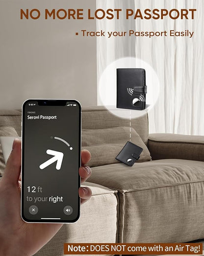 Passport Holder for Travel with AirTag Holder- Leather RFID Blocking Travel accessories with 5 Cards Slot&1ID Window,Magnetic Closure,Gift Box(Air Tag Not Included)