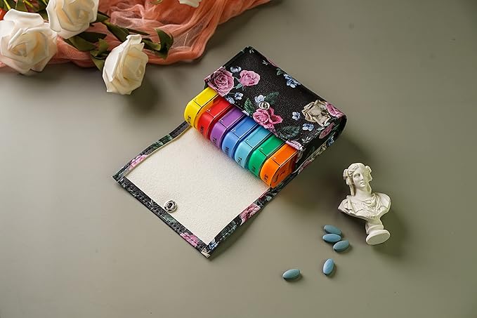 Pill Organizer,LIZIMANDU Weekly Travel Pill Case Box Medication Reminder Daily AM PM, Day Night 7 Compartments,for 4 Times A Day, 7 Days a Week-Includes Leather PU Carrying Case (Black Rose)