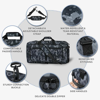 Fmeida 65L Duffle Bag with Shoes Compartment, Foldable Travel Duffel Bags for Men Women, Large Packable Travel Bag Water Repellent & Tear Resistant (BlackCamo)