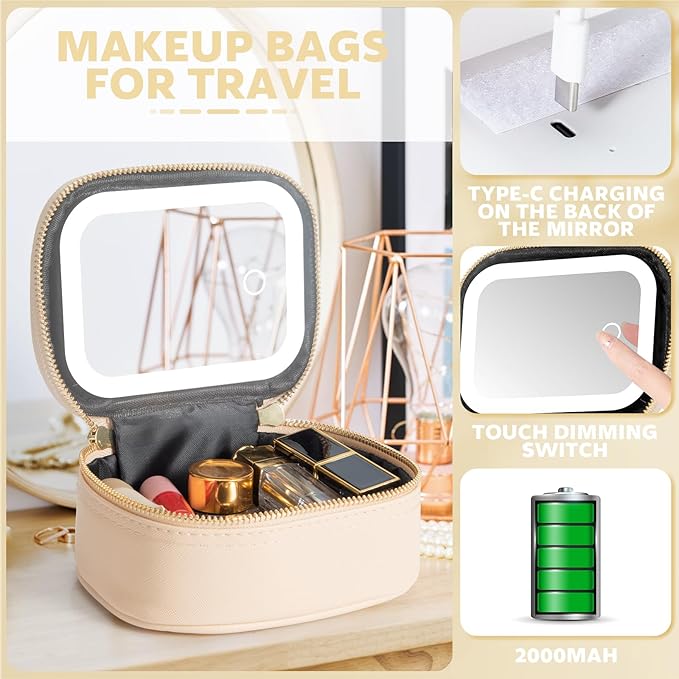Small Makeup Bag with Led Mirror, Mini Travel Make up Bag 3 Light Modes Adjustable Brightness, for Women Organizer Cosmetic Bag, Portable Travel Train Toiletry Bag, for Pool Parties Work Touch-Ups