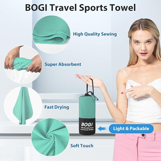 BOGI Microfiber Travel Sports Towel-Quick Dry Soft Lightweight Absorbent Compact Sports Towel for Camping Gym Beach Bath Yoga Swimming Backpacking (XL:72''x32''+16''x16''-Mint)