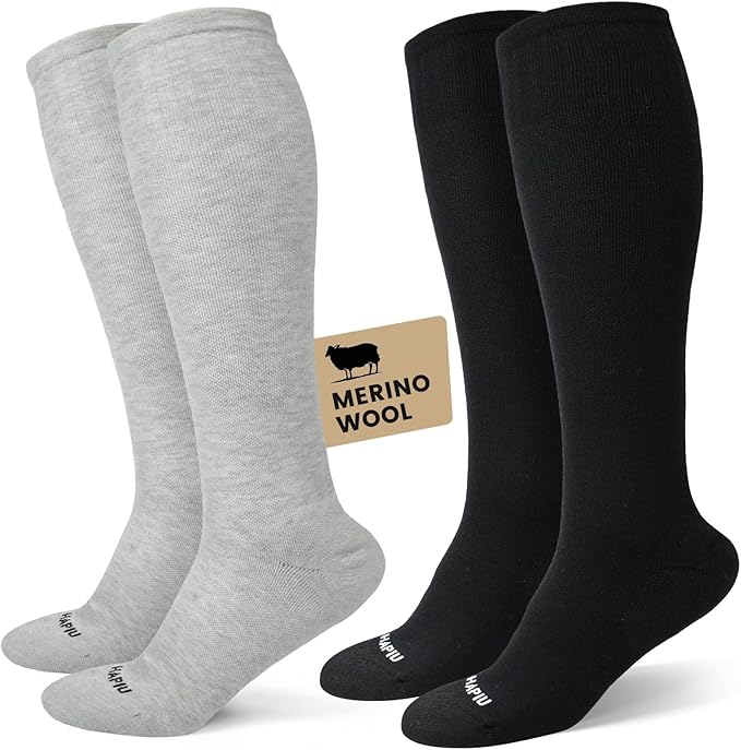 HAPIU Merino Wool Easy On Compression Socks for Women & Men, 15-20 mmHg, Plus Size Knee High Stocking for Nurses, Pregnancy, Travel, Flight, Medias de Compresión Mujer