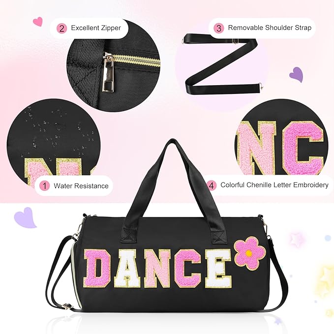 Dance Bag for Girls, KUIRAN Travel Duffel Bag with Shoe Compartment Lightweight Gym Sport Ballet Weekender Bag - Black/Shoe Compartment