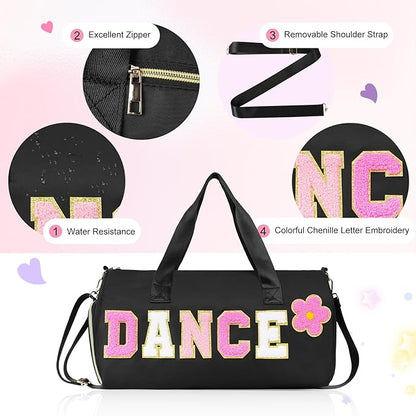 Dance Bag for Girls, KUIRAN Travel Duffel Bag with Shoe Compartment Lightweight Gym Sport Ballet Weekender Bag - Black/Shoe Compartment