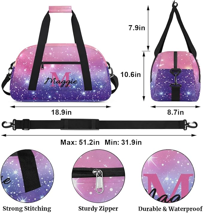 Personalized Kids Sports Duffel Bag with Name Custom Weekender Overnight Bag for Boys Girls Gym Bag Travel Dance Gymnastics Duffel Bag, Pink Purple Glitter