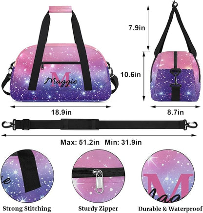 Personalized Kids Sports Duffel Bag with Name Custom Weekender Overnight Bag for Boys Girls Gym Bag Travel Dance Gymnastics Duffel Bag, Pink Purple Glitter